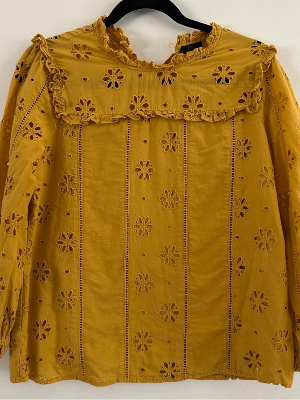 J. Crew Mustard Yellow Eyelet Ruffle Neck Blouse
